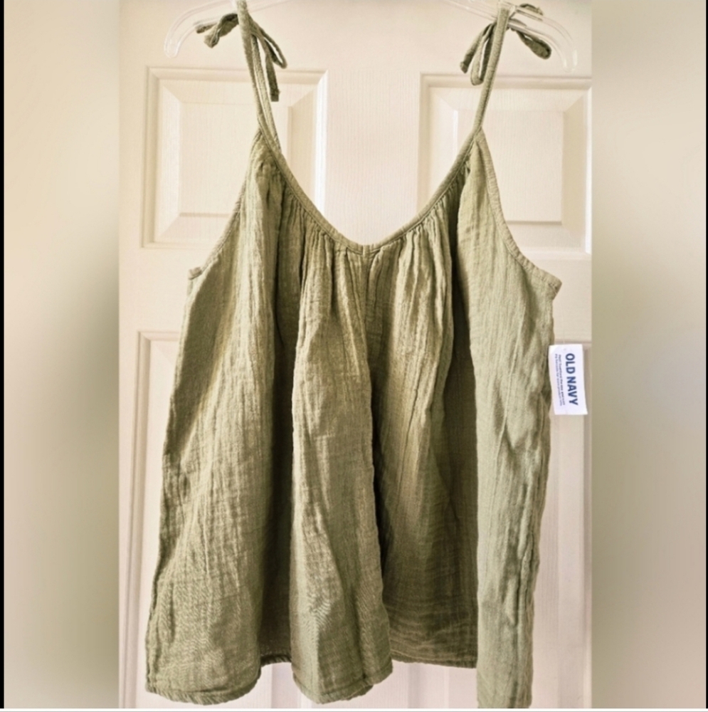 Old Navy 100% Cotton Shoulder Tie Swing Tank Top Olive Green Large NWT